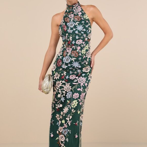 Lulus Infinite Praise Emerald 3d Floral Embroidered Halter Maxi Dress Green - Picture 1 of 1